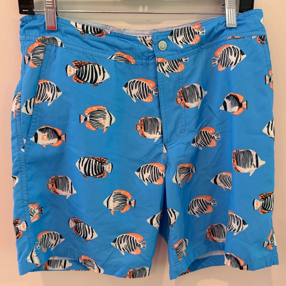 Bonobos Men Blue Tropical Fish Print Swim Trunks Size 28 7 Inch Inseam Mesh Line